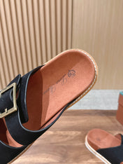 LP 26S DOUBLE BUCKLE SLIDES IN BLACK SUEDE GOLD HARDWARE