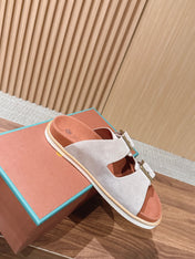LP 26S DOUBLE BUCKLE SLIDES IN LIGHT GREY SUEDE GOLD HARDWARE