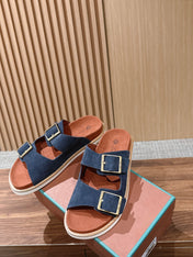 LP 26S DOUBLE BUCKLE SLIDES IN NAVY BLUE SUEDE GOLD HARDWARE