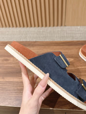 LP 26S DOUBLE BUCKLE SLIDES IN NAVY BLUE SUEDE GOLD HARDWARE