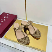 GG THONG SANDALS 25S IN DARK BEIGE LAMBSKIN MIX CANVAS WITH GOLD HARDWARE