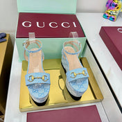 GG WEDGE HEELS IN BLUE FABRIC AND CALFSKIN WITH GOLD HARDWARE STYLE 4