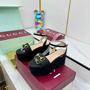 GG WEDGE HEELS IN BLACK FABRIC AND CALFSKIN WITH GOLD HARDWARE STYLE 1