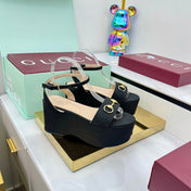 GG WEDGE HEELS IN BLACK FABRIC AND CALFSKIN WITH GOLD HARDWARE STYLE 1