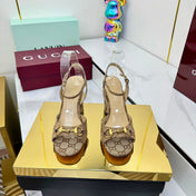 GG HEELED SANDALS 25S 95 MM IN DARK BEIGE CANVAS WITH GOLD HARDWARE