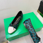 CHANEL 26S FLAT SHOES IN TEAL AND BLACK LEOPARD PRINT PONY HAIR