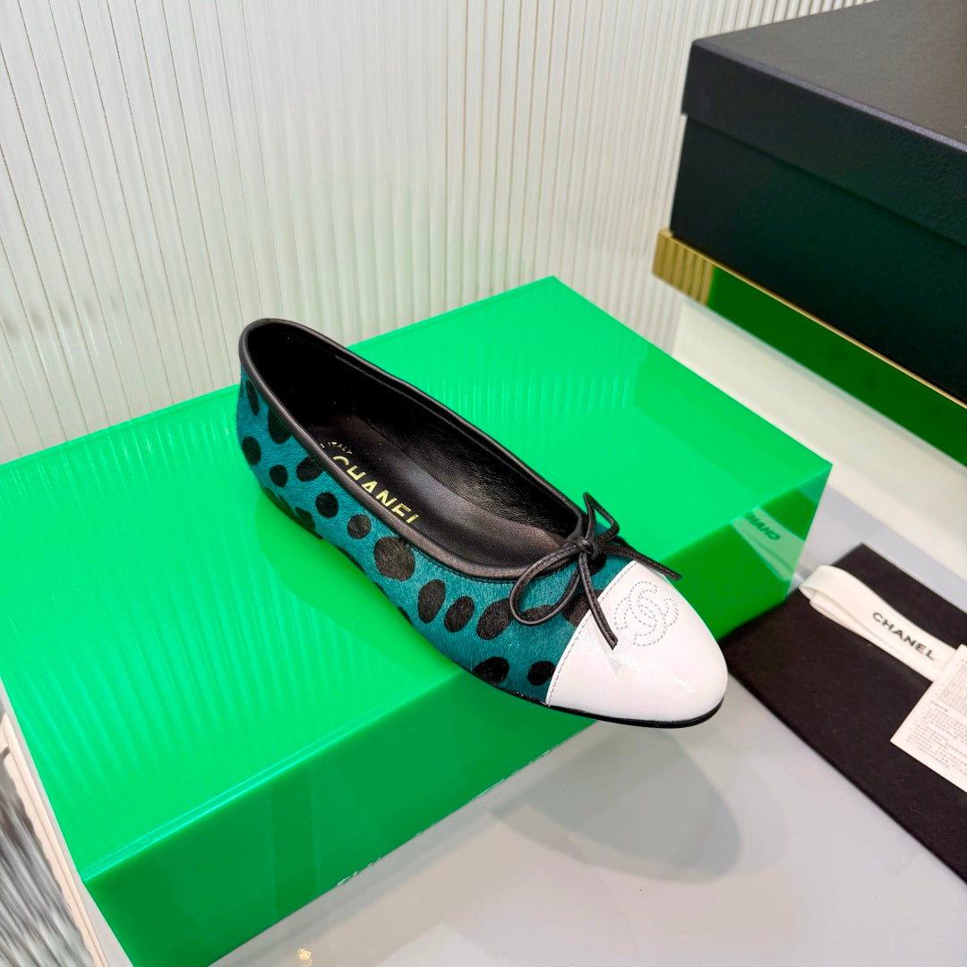 CHANEL 26S FLAT SHOES IN TEAL AND BLACK LEOPARD PRINT PONY HAIR