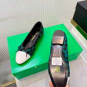 CHANEL 26S FLAT SHOES IN TEAL AND BLACK LEOPARD PRINT PONY HAIR