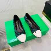 CHANEL 26S FLAT SHOES IN TEAL AND BLACK LEOPARD PRINT PONY HAIR