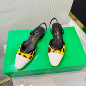 CHANEL 26S FLATS SLINGBACK IN WHITE PATENT CALFSKIN WITH DARK YELLOW PONY HAIR