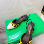 CHANEL 26S FLATS SLINGBACK IN WHITE PATENT CALFSKIN WITH DARK YELLOW PONY HAIR