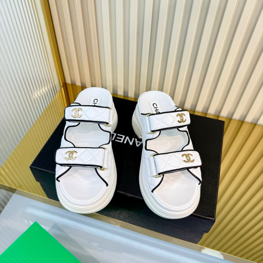 CHANEL 26S PLATFORM SANDALS IN WHITE MIX BLACK LAMBSKIN