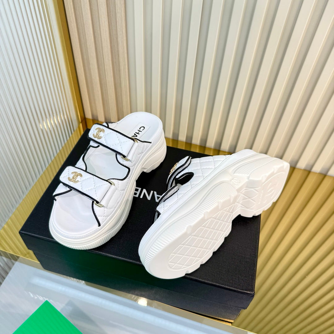 CHANEL 26S PLATFORM SANDALS IN WHITE MIX BLACK LAMBSKIN