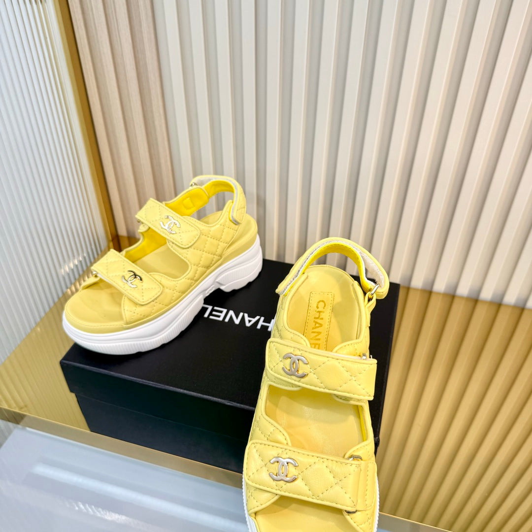 CHANEL 26S PLATFORM VELCRO SANDALS IN YELLOW LAMBSKIN
