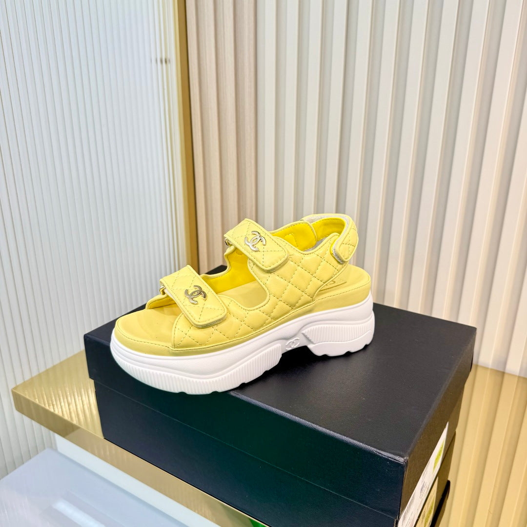 CHANEL 26S PLATFORM VELCRO SANDALS IN YELLOW LAMBSKIN