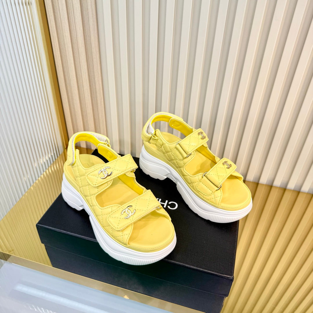 CHANEL 26S PLATFORM VELCRO SANDALS IN YELLOW LAMBSKIN