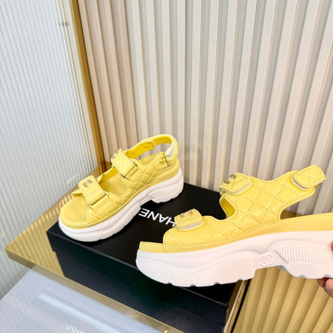 CHANEL 26S PLATFORM VELCRO SANDALS IN YELLOW LAMBSKIN