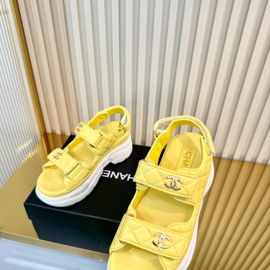 CHANEL 26S PLATFORM VELCRO SANDALS IN YELLOW LAMBSKIN