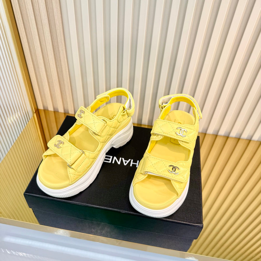 CHANEL 26S PLATFORM VELCRO SANDALS IN YELLOW LAMBSKIN