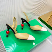 CHANEL 26S SLINGBACK POINTED-TOE HEELS 95 MM IN LIGHT OLIVE GREEN LAMBSKIN WITH WHITE CAP TOE