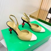 CHANEL 26S SLINGBACK POINTED-TOE HEELS 95 MM IN LIGHT OLIVE GREEN LAMBSKIN WITH WHITE CAP TOE