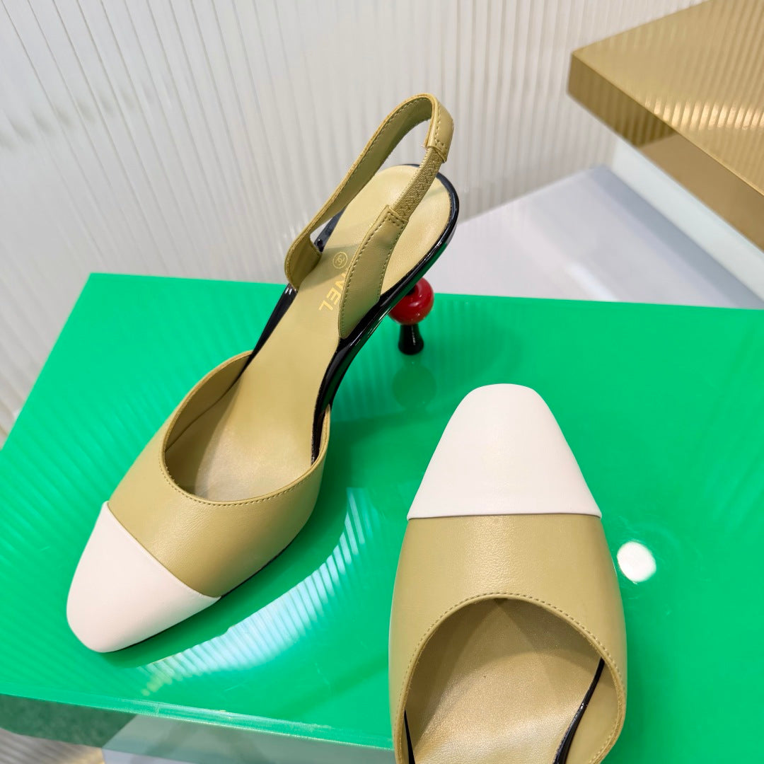 CHANEL 26S SLINGBACK POINTED-TOE HEELS 95 MM IN LIGHT OLIVE GREEN LAMBSKIN WITH WHITE CAP TOE
