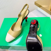 CHANEL 26S SLINGBACK POINTED-TOE HEELS 95 MM IN LIGHT OLIVE GREEN LAMBSKIN WITH WHITE CAP TOE