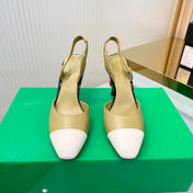 CHANEL 26S SLINGBACK POINTED-TOE HEELS 95 MM IN LIGHT OLIVE GREEN LAMBSKIN WITH WHITE CAP TOE