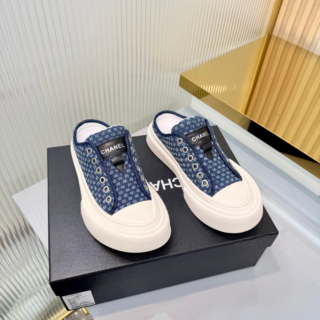 CHANEL 26S MULE SNEAKERS IN NAVY BLUE CHECKERED WOVEN DENIM FABRIC STYLE 4