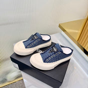 CHANEL 26S MULE SNEAKERS IN NAVY BLUE CHECKERED WOVEN DENIM FABRIC STYLE 4