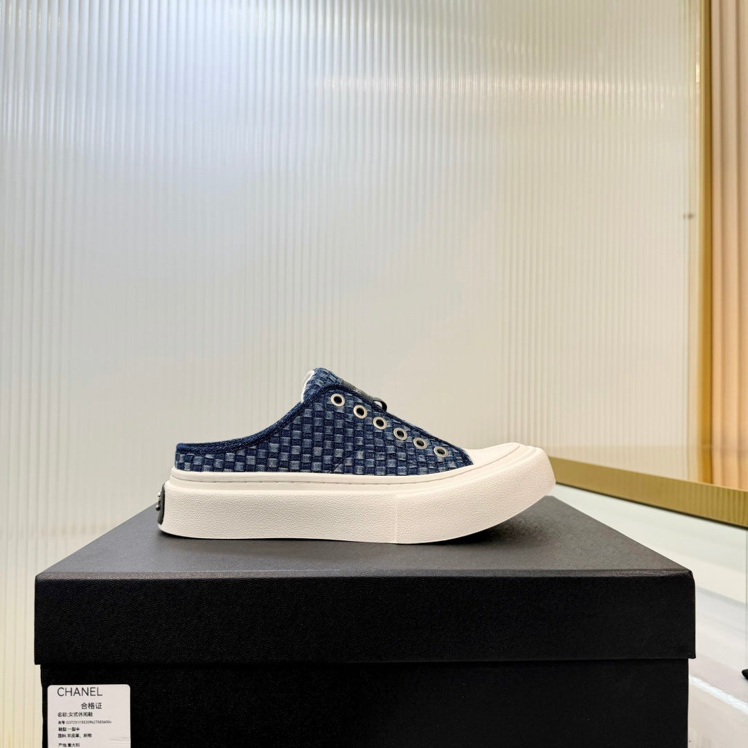 CHANEL 26S MULE SNEAKERS IN NAVY BLUE CHECKERED WOVEN DENIM FABRIC STYLE 4