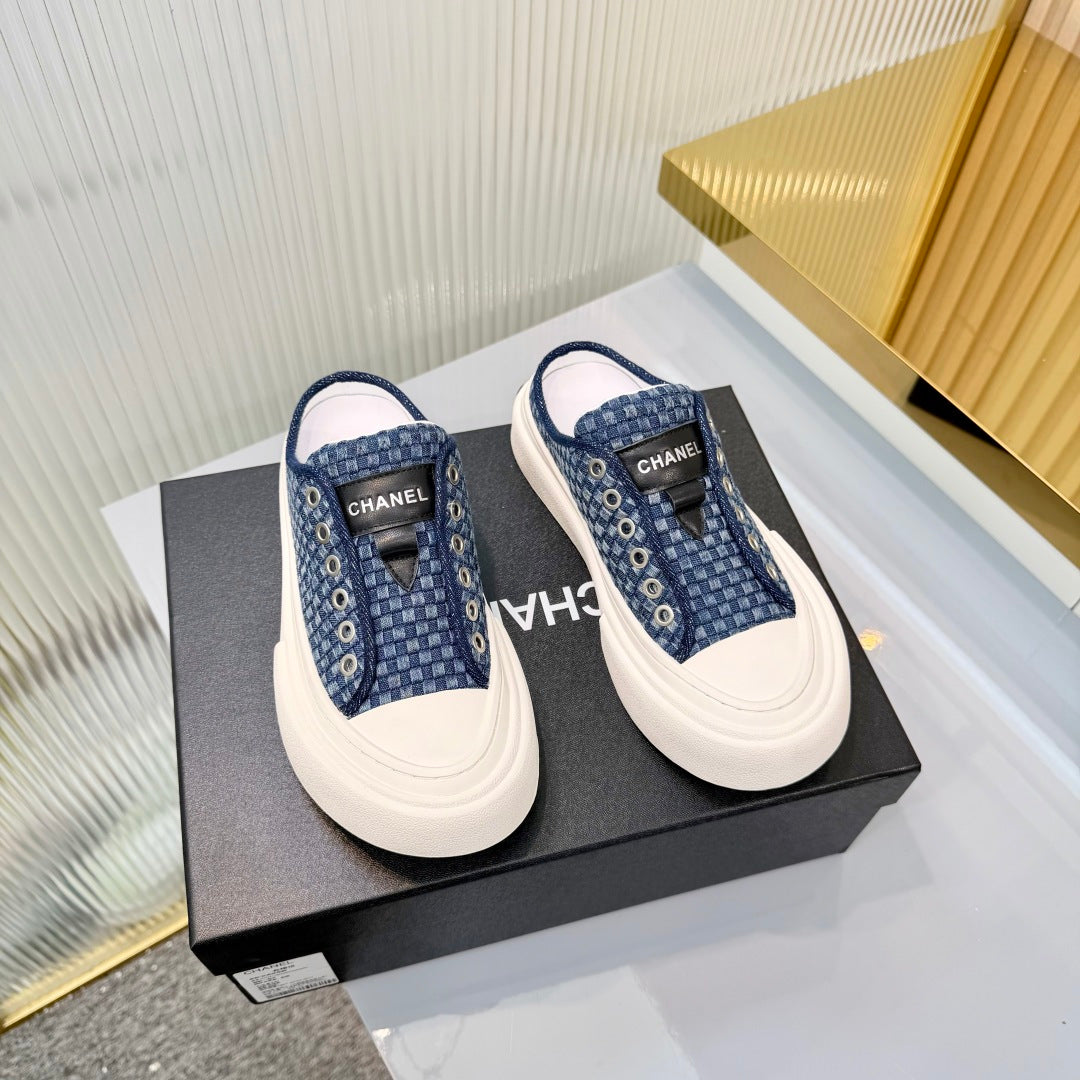 CHANEL 26S MULE SNEAKERS IN NAVY BLUE CHECKERED WOVEN DENIM FABRIC STYLE 4