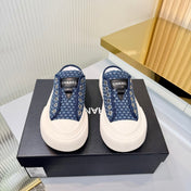 CHANEL 26S MULE SNEAKERS IN NAVY BLUE CHECKERED WOVEN DENIM FABRIC STYLE 4
