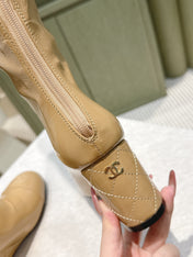 CHANEL 25S KNEE-HIGH BOOTS 60MM IN BEIGE PATENT CALFSKIN WEDGE HEELS