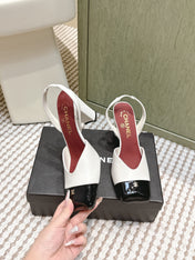 CHANEL 25S HIGH-HEELED SQUARE-TOE SLINGBACK 90MM IN WHITE AND BLACK CALFSKIN