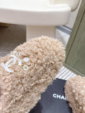 CHANEL 25S CLASSIC FURRY SLIDES IN LIGHT BROWN WITH DOUBLE C LOGO