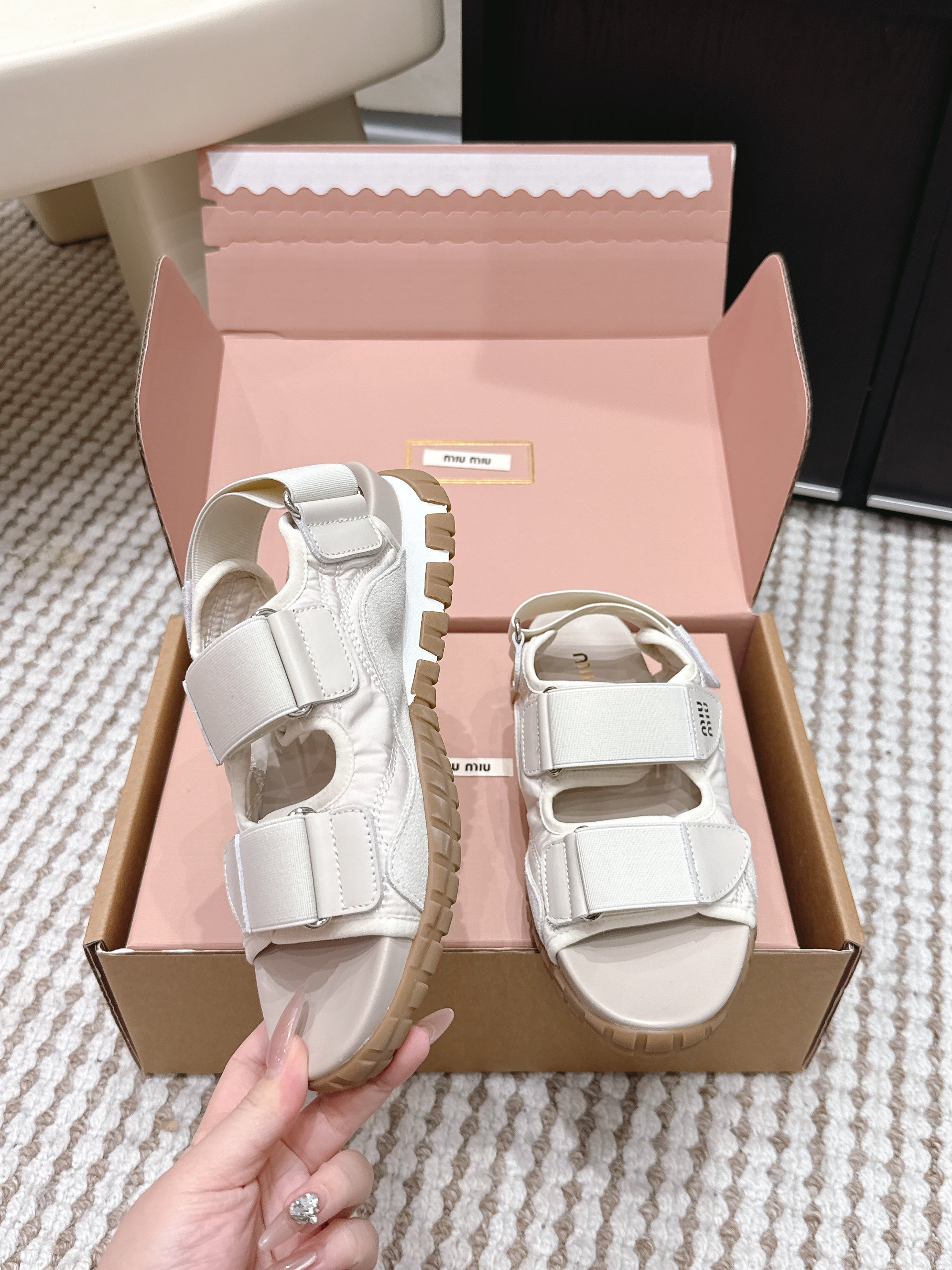 MIUMIU 26S VELCRO SANDALS IN CREAM WHITE CALFSKIN AND NYLON SILVER HARDWARE