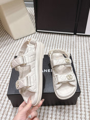 CHANEL 26S QUILTED DAD SANDALS IN CREAM WHITE CALFSKIN