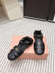 MIUMIU 26S RUCHES FISHERMAN SANDALS IN BLACK CALFSKIN GOLD HARDWARE