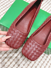 BOTTEGA VENETA 26S SQUARE-TOE FLATS IN RED TECHNICAL WOVEN LAMBSKIN