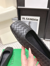 BOTTEGA VENETA 26S SQUARE-TOE FLATS IN BLACK TECHNICAL WOVEN LAMBSKIN