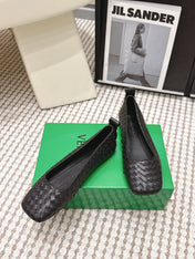 BOTTEGA VENETA 26S SQUARE-TOE FLATS IN BLACK TECHNICAL WOVEN LAMBSKIN