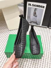 BOTTEGA VENETA 26S SQUARE-TOE FLATS IN BLACK TECHNICAL WOVEN LAMBSKIN