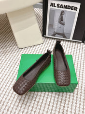 BOTTEGA VENETA 26S SQUARE-TOE FLATS IN DARK BROWN TECHNICAL WOVEN LAMBSKIN