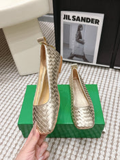 BOTTEGA VENETA 26S SQUARE-TOE FLATS IN LIGHT METALLIC GOLD TECHNICAL WOVEN LAMBSKIN