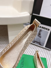 BOTTEGA VENETA 26S SQUARE-TOE FLATS IN LIGHT METALLIC GOLD TECHNICAL WOVEN LAMBSKIN