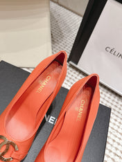 CHANEL 26S HIGH HEELS 95 MM IN ORANGE CALFSKIN WITH GOLD-TONE CC LOGO