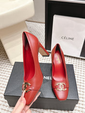CHANEL 26S HIGH HEELS 95 MM IN RED CALFSKIN WITH GOLD-TONE CC LOGO