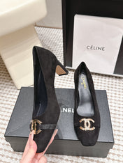CHANEL 26S HIGH HEELS 75 MM IN BLACK SUEDE WITH GOLD-TONE CC LOGO