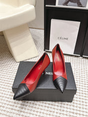 CHANEL 26S HIGH HEELS IN RED LAMBSKIN WITH BLACK CHEVRON-QUILTED TOE